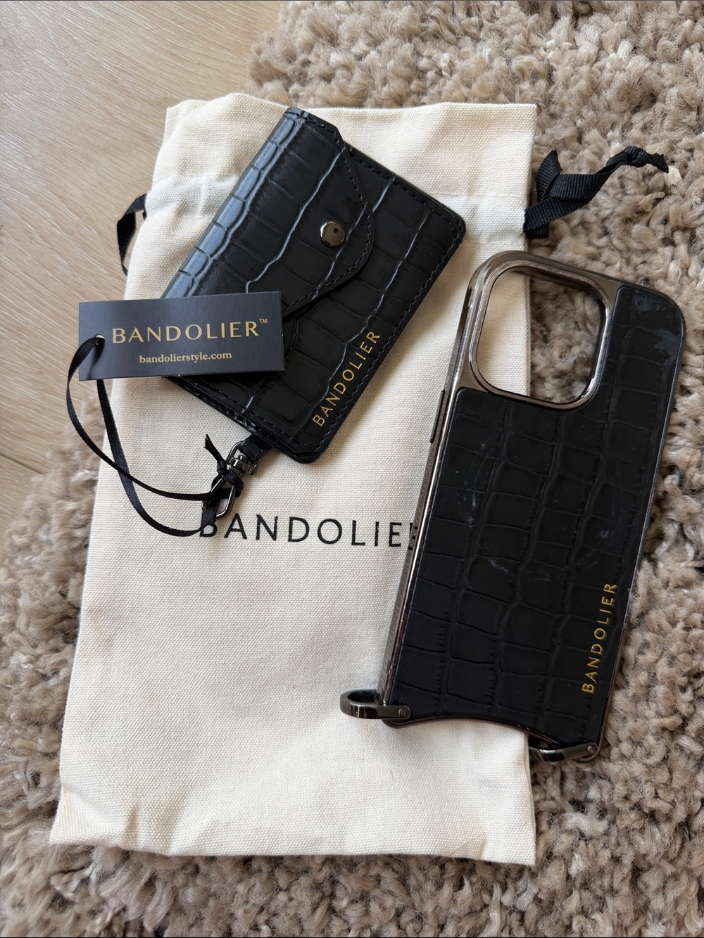 Bandolier Remi Black Croc-Embossed Leather Phone Case with Matching Cardholder